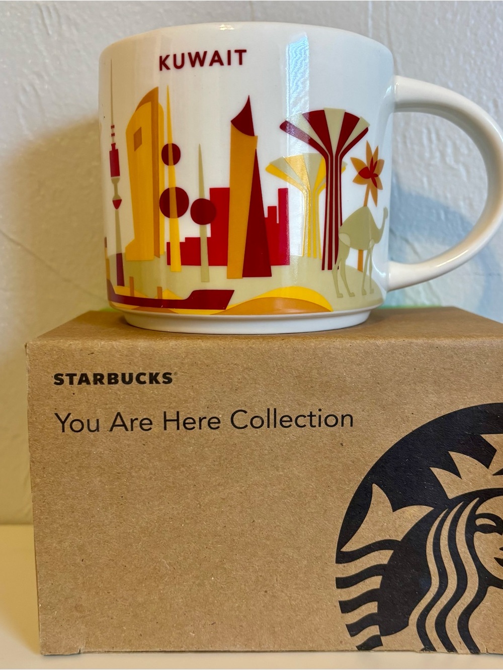 Starbucks Kuwait You Are Here Mug - White with Red, Yellow, Orange, Gold Accents